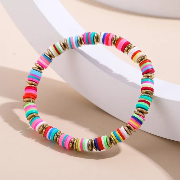 Colorful Soft Clay Discs & Gold Beaded Bracelet NEW - Picture 9 of 9